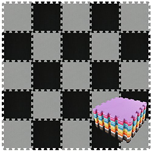 Image of qqpp EVA Rubber 18 Tiles Interlocking Puzzle Foam Floor Mats - Baby Play Mat for Playing | Exercise Mat for Home Workout. Black, Gray. QC-DLb18N