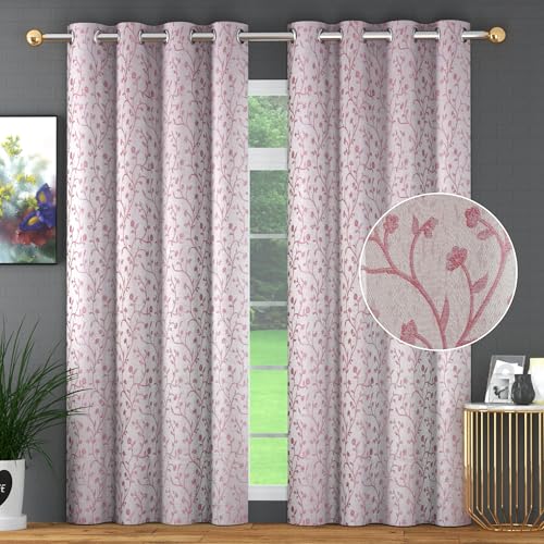 Image of FRESH FROM LOOM Heavy Jari Jacquard Premium Luxury Semi Blackout Curtain 8 Feet Long Door & Window | Double Stitch | Eyelet Ring | Floral Print | Anti-Shrink Parda (8ft, Pink, 2pc)