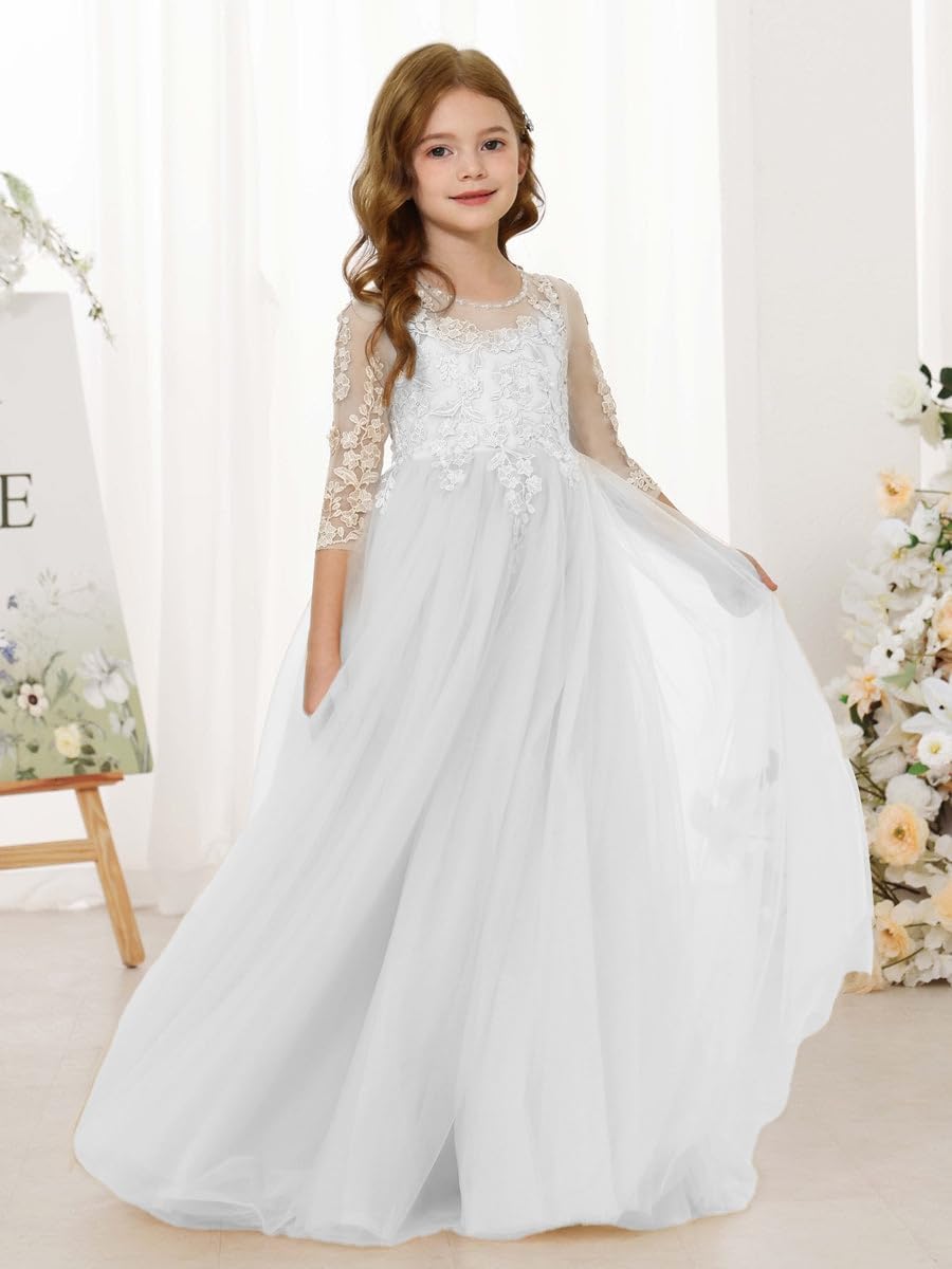 Abaowedding Lace Floral Appliques Flower Girl Dress, 3/4 Sleeve Girls Pageant Tulle Ball Gown