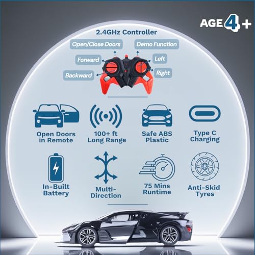 Image of Popsugar Door Opening Remote Control Car|Rechargeable 1200mAh Lithium Battery|C-Type Charging|75-Min Runtime|2.4G Long Range Remote (100+ ft)|HighSpeed RC Car|Gift for Kids|Made in India (Black)