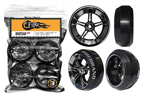 Firebrand Rc • "Biostar–Xd On-Road Xtreme Drift Wheels And Blade 45˚ Xtreme Drift Beveled Tires, Smoker's Chrome (Set Of 4) 1:10 Scale Rc Wheels #TOP3