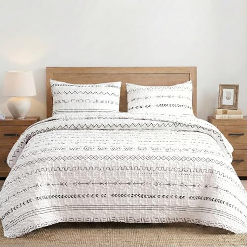 DURLENGEN White Quilt Set Queen Size 3Pcs,Bohemian Design with White