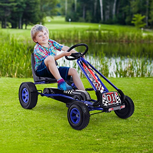 HOMGX Pedal Go Kart, Outdoor Kids Pedal Go Kart with Adjustable Bucket Seat, Steering Wheel, Rubber Wheels, Brake, Adaptable Pedal Car, Pedal Powered Ride On Kart Toys for 3-8Years Boys & Girls (Blue)