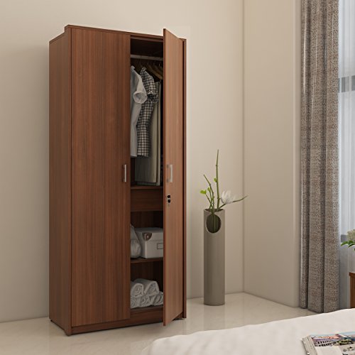 Image of Spacewood Value Wardrobe | 3 Year Warranty | Almirah, Cupboard, Almari, 2 Door Wardrobe, 1 Drawer (1 Lock Drawer) and 1 Hanging Space|Engineered Wood| Walnut Rigato
