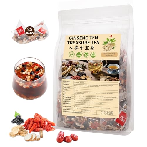 25Pcs Ginseng Ten Treasures Tea, Kidney Tea Formula Ginseng Six Treasure Teas, Natural Kidney Cleanse Detox Teas for Women & Men, 10 Precious Ingredients Formula(25Bags, 300g)