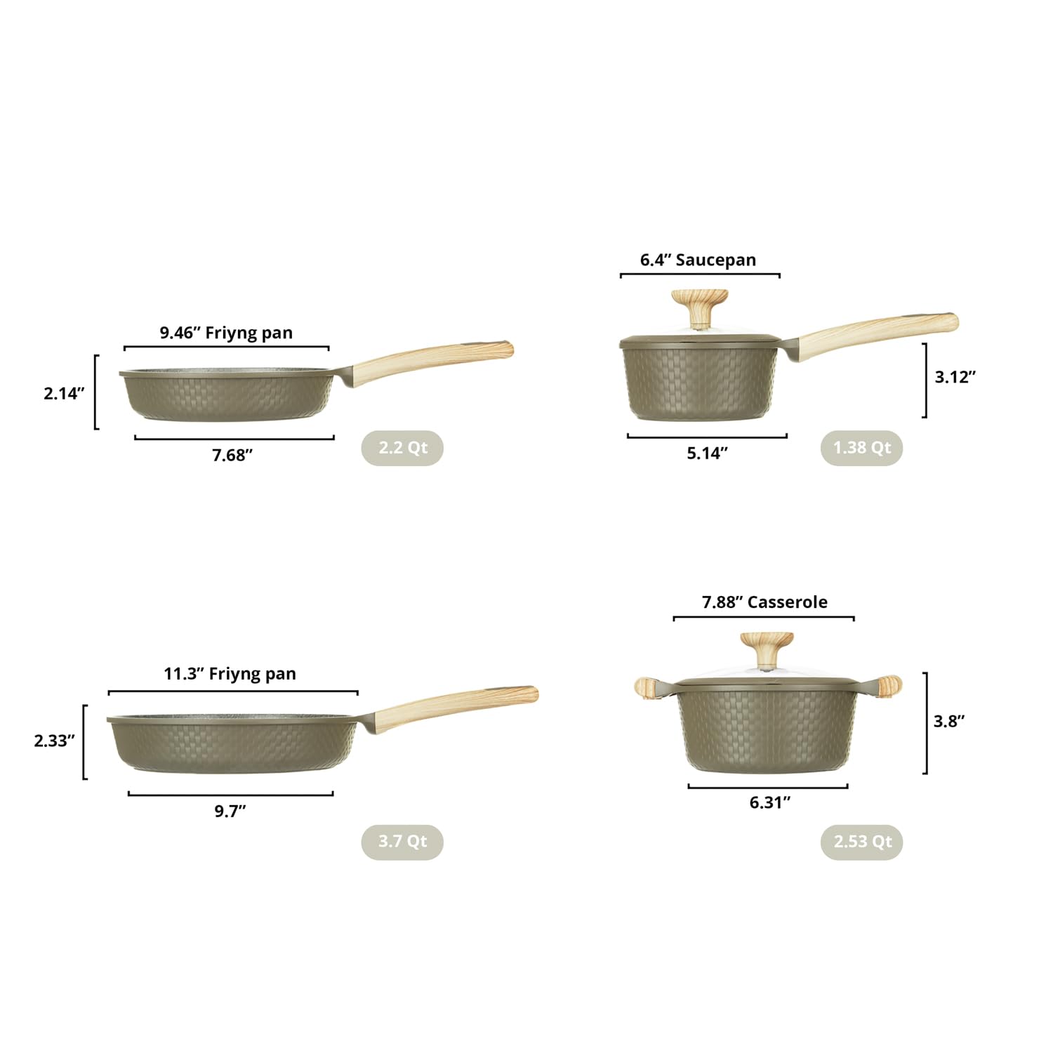 Batterie De Cuisine 10 Pièces Mrs Wood Antiadhésive Verte – Aluminium Induction, Couvercles Verre, Cuisson Homogène