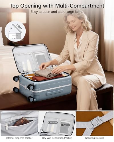 Image of Hanke 18 Inch Carry On Luggage with Front Pocket Aluminum Frame （Can Not Open in The Middle） Hard Shell Suitcases with Wheels Rolling Luggage Suitcase with Lock Travel Luggage for Weekender, Grey, 20