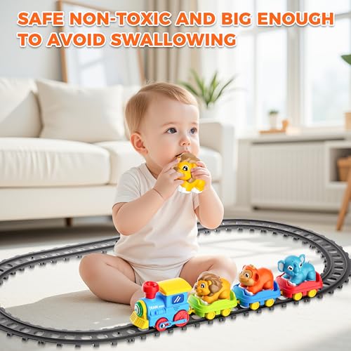 Image of Train Set for Toddlers with Steam, Music, Lights and 3 Animal Cars | Electric train fun meets animal play with music, lights and a playful steam effect.