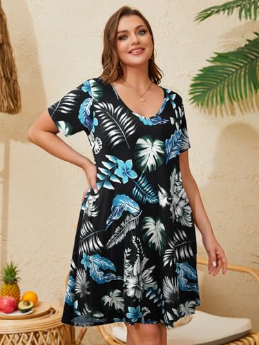 Image of ZENNILO Women's Plus Size Swing Dress with Pockets V Neck Short Sleeve | Lightweight 95% Rayon; knee-length swing fit packable for travel, beach vacation, party, office or casual days, M-5X