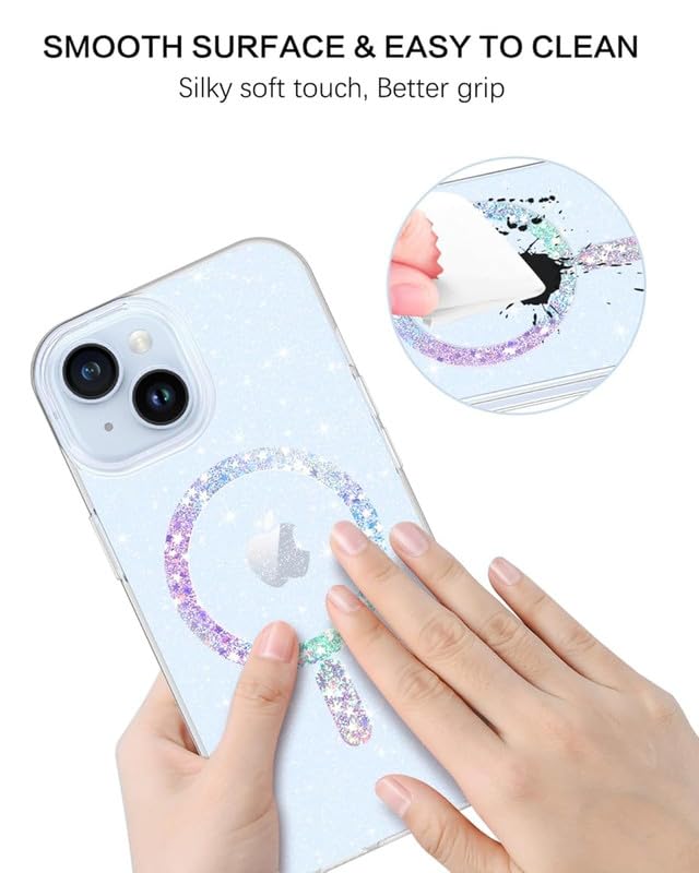 Image of COVERLY Minimalist Magnetic Glitter for iPhone 15 Pro Max Case,Clear Crystal Bling Phone Case [Compatible with Mag-Safe] Shockproof Cute Women Girl Protective Cover for iPhone 15 Pro Max, Blue Shimmer