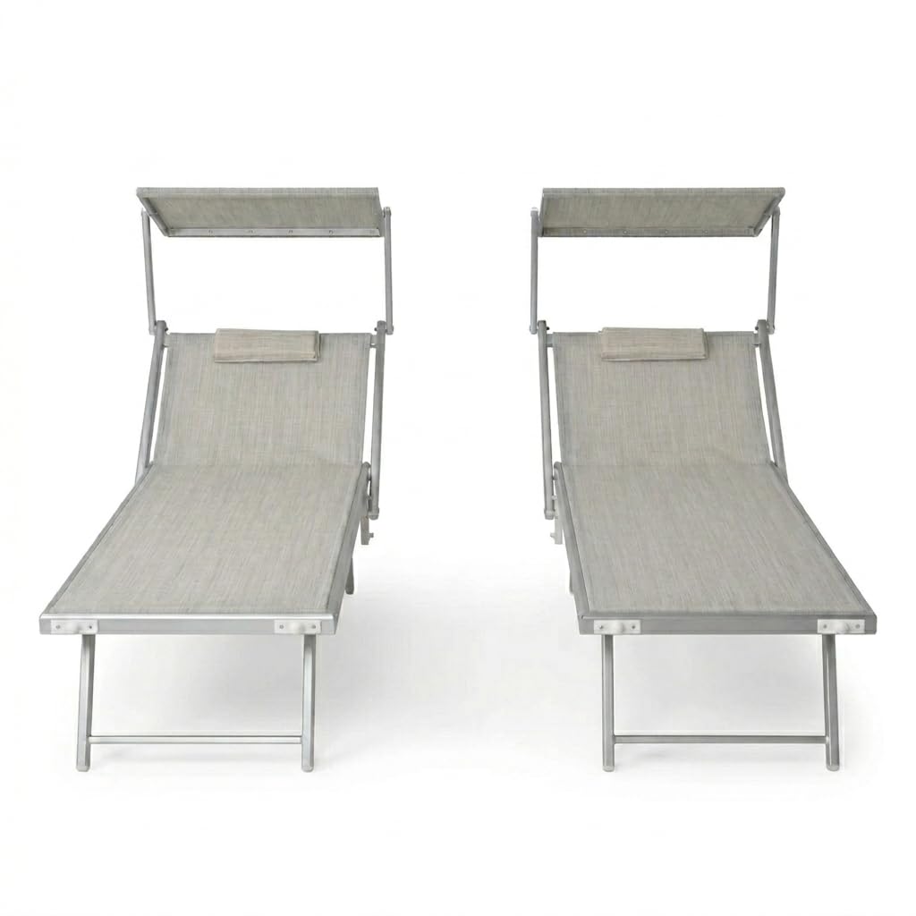 XONE Coppia Lettini Sdraio Spiaggia Pro 2 posizioni + prendisole regolabile per spiaggia, stabilimento balneare, giardino, terrazzo. Dimensioni 183/190x61x38cm (GRIGIO MELANGE)