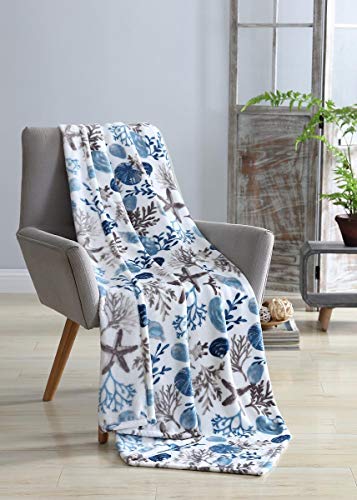 Coastal Ocean Beach Throw Blanket: Soft Plush Velvet Fleece Seashells Hues of Blue Grey on White Accent for Couch or Bed, Colored: Blue Gray Taupe White - Image 6