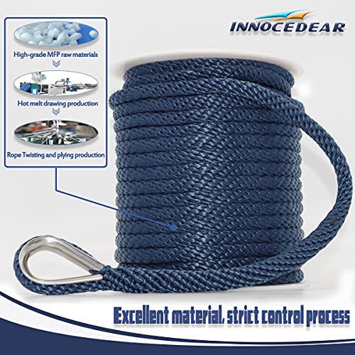 Innocedear Anchor Rope Braided Anchor Line(Navy, 3/8" X 100') Premium Solid Braid Mfp Boat Rope With Stainless Steel Thimble, Quality Marine Rope, Boat Accessories #TOP2