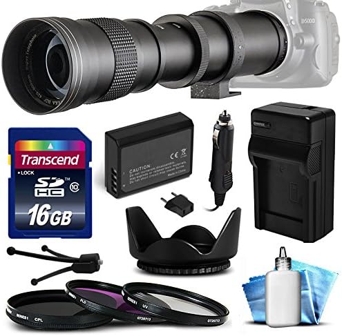 Opteka 420-800mm f/8.3 HD Telephoto Zoom Lens Bundle Package includes 16GB Memory Card + Replacement AC/DC Battery Charger with Car Plug & Euro Adapter + High Capacity Li-ion Battery Pack + 3 Piece Professional Filter Kit (UV-CPL-FL) + Tulip Flower Hood + Lens Cleaning Kit for Nikon D40, D40x, D60, D5000 DSLR SLR Digital Camera