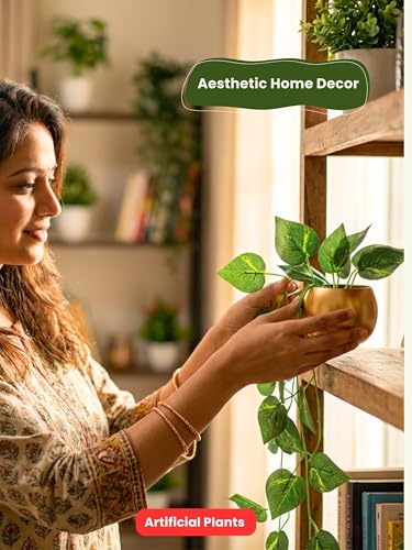 Image of Bombay Greens ; Sow, grow, eat, repeat Gold Metal Pot with Artificial Money Plant | Hanging Plant Wall Decor | Metal Pot for Home Decor, Living Room, Balcony & Office Decoration