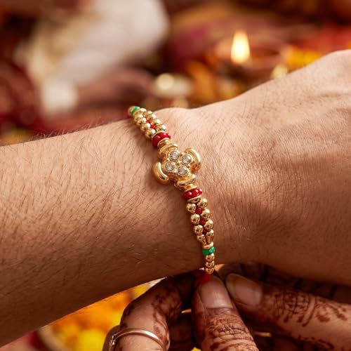 Image of Lucky Jewellery Rakhi for Brother, Golden Floral Stone Design, Red Thread, with Roli Chawal and Greeting Card