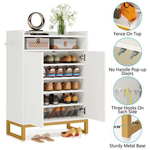 Tribesigns Shoe Cabinet 5-Tier Shoe Storage Cabinet With Open Shelves & Hooks, Freestanding Wooden Shoe Rack Storage Modern Shoe Organizer For Entryway, Hallway, Bedroom, Small Space (White & Gold) #TOP6
