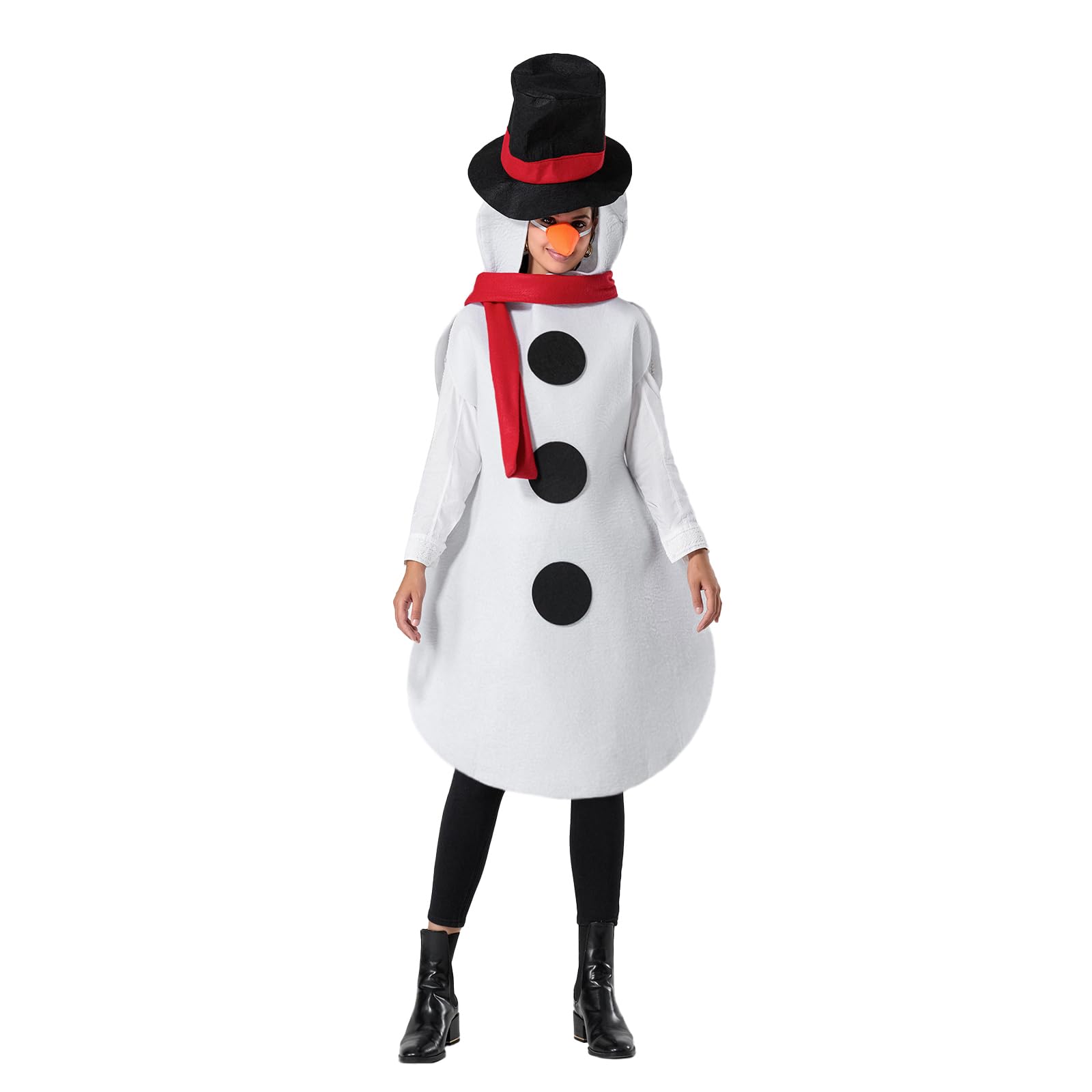 Felcia Schneemann-Kostüm für Erwachsene und Kinder, ärmellos, Overall mit falscher Nase und Schal, Schnee, Cosplay, Outfit, Weihnachten, Verkleidung