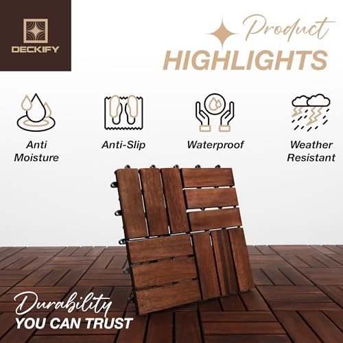 DECKIFY 9Pcs Premium Acacia Wood Interlocking Patio Deck Tiles, 12 x 12 x 0.9 Inch Outdoor Flooring, Waterproof for All-Weather Use – Crossed, Dark Brown — view 10