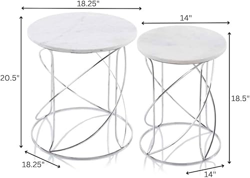 Miniatura 3 de Modern Day Accents 3854 Giro - Mesas anidadas de mármol blanco, juego de 2, mesa auxiliar pequeña, mesa auxiliar para sala de estar, mesa redonda,