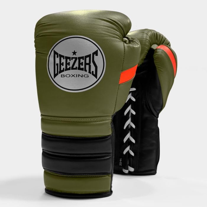 Geezers FS1 Training Boxing Gloves โ Lace, Premium Cowhide Leather, Durable for Gym & Sparring, Excellent Wrist Support (Khaki/Black/Lumi Orange, 12oz)