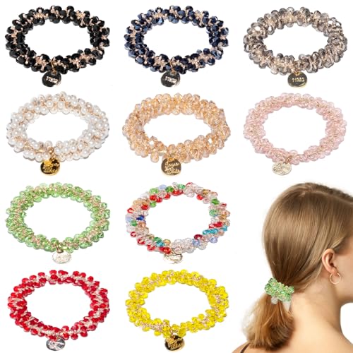Loqpol 10 gomas elásticas para el pelo con perlas de cristal, bandas de pelo hechas a mano, soportes para coletas, accesorios perfectos para el cabello para mujeres y niñas.