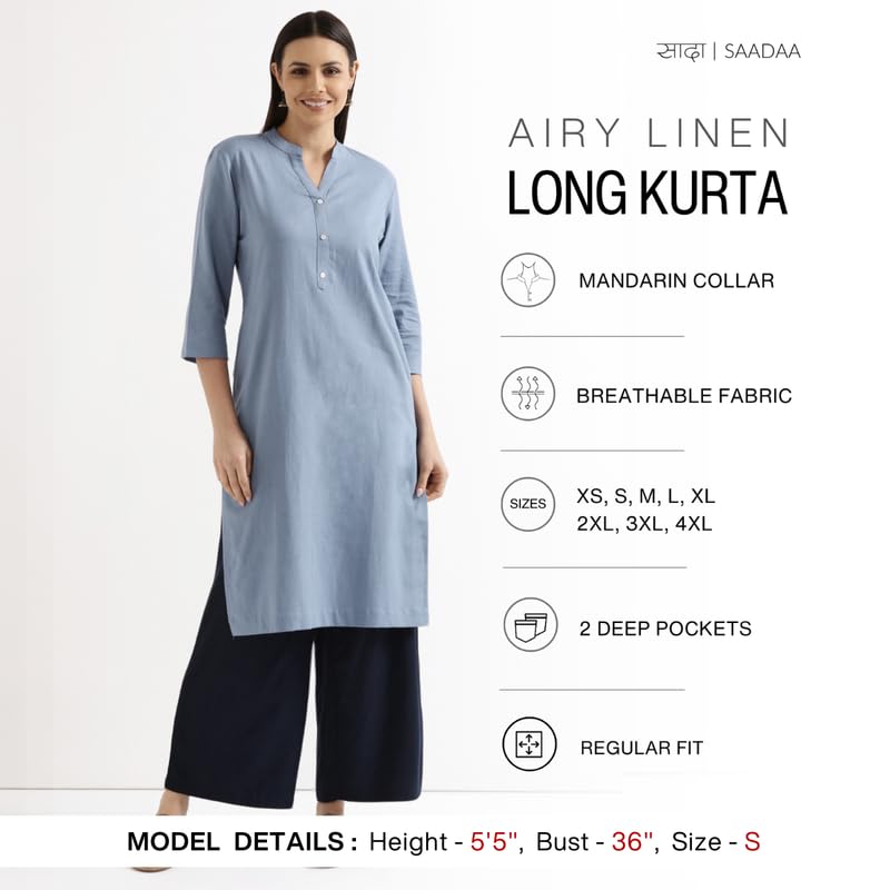 Image of SAADAA Women's Linen Straight Fit Straight Long Kurta Airy Plain Kurta, 3 /4 Sleeve, Knee Length Kurtis with Pockets, Casual and Office Wear