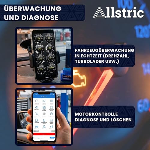 Allstric® OBD2 Diagnosegerät. ELM327 Auto Diagnosegerät mit OBD2 Bluetooth Adapter. OBD-II Diagnosewerkzeuge & Auslesegerät für OBD2-Fahrzeuge ab 1996 | Nicht für Elektro/Hybrid/LKW