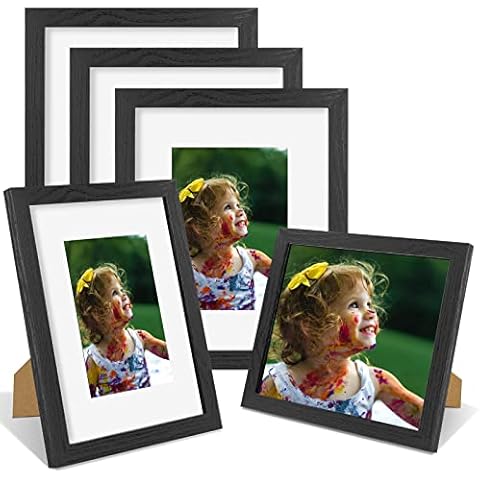 Nacial 8x10 Picture Frame Set of 5,Display Pictures 5x7 with Mat or 8x10 Without Mat, Tempered Glass for Table Top Display and Wall Mounting Wooden Photo Frame Black Cover