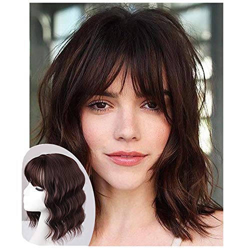 Hair Toppers with Bangs Hair Pieces 14inch Mix Dark Auburn Brown Synthetic Curly Hair Clip in Hairpieces for Women with Thinning and Loss Hair (14 Inch Wavy Hairpiece, Mix Dark Auburn Brown(4/33#))