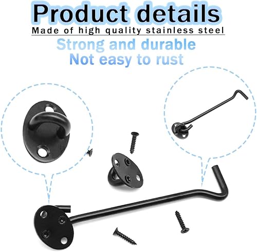 Miniatura 3 de Paquete de 2 ganchos de privacidad de 6 pulgadas y pestillo de ojal, cerradura de puerta de granero negro, ganchos de cabina con tornillos para