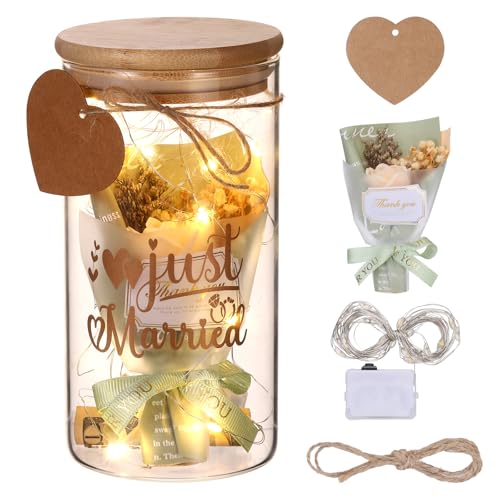 LED Flaschenlicht Hochzeitsgeschenke für Brautpaar Geldgeschenk Hochzeit mit Trockenblumen Anhänger und LED-Leuchten Just Married Hochzeite Spardose Geldgeschenke Hochzeit Verpackung