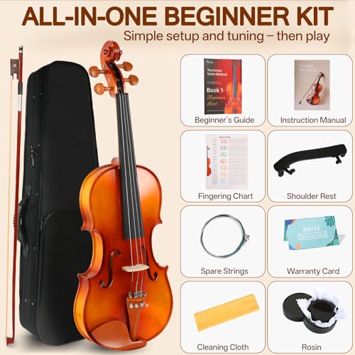 Image of Kmise Teacher Approved 3 /4 Size Violin Starter Kit for Adults Beginners Students, Tough Jujube Wood Acoustic Violins, Fiddle Bundle with Case, Bow, Rosin, Strings, Shoulder Rest & Guide