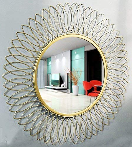 Image of Artemade Golden Sunflower: Handcrafted Wire Mirror Decorative Mirror Wall Mounted Hanging Mirror Sculpture Metal Leaf Design Modern Art Mirror Home Decor (60 X 60 Cm)(Framed, Round, Gold)
