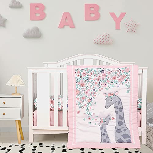 Image of Baevellery Pink Floral Crib Bedding Set 3piece Soft Baby Girl Nursery Bedding Grey Giraffe - Fitted Sheet Comforter Crib Skirt