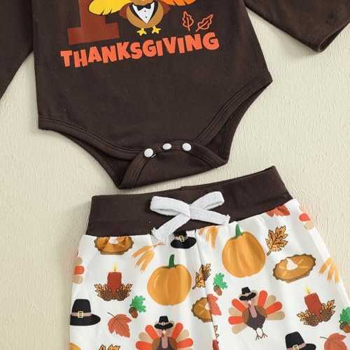 My 1st Thanksgiving Baby Boy Outfit Turkey Print Long Sleeve Romper Elastic Waist Pants Hat Set 3 Piece Fall Clothes 7