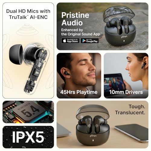 Image of pTron Bassbuds Indie In-Ear TWS Earbuds w / 10mm Drivers, 45Hrs Playtime, Dual HD Mic & AI-ENC Calls, Custom EQ, Mobile App, Bluetooth V5.4 Earphones, Voice Assistant, Type C Charging & IPX5(Jet Black)