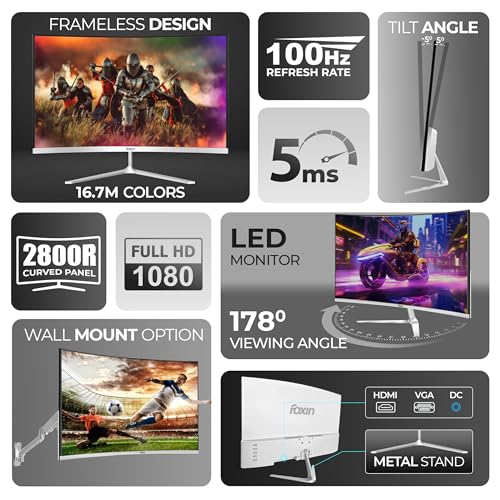 Image of Foxin Elite 24 Inch Curved LED Monitor | FHD 1080p, 100Hz Frameless & Anti-Glare | HDMI & VGA | 5ms | Wall Mountable | 2800R Curve | Curved PC Monitor for Gaming, Work | White
