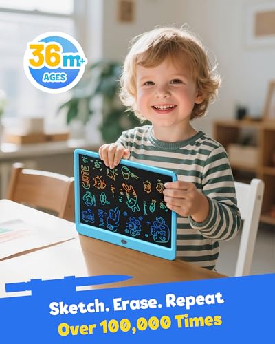 Image of TEKFUN 12 Inch LCD Writing Tablet for Kids, Coloring Drawing Pad, Mess Free Doodle Board, Airplane Travel Toys for Boys and Toddlers, Road Trip Essentials, Gifts for 3 4 5 6 7 8 Year Old Girls(Blue)