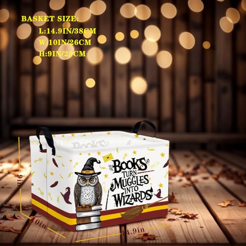 Image of Kid Rectangle Magic Decor Basket Nursery Baby Gift Basket Feather Hat Book Broomstick Toy Storage Bin (Wand Owl)