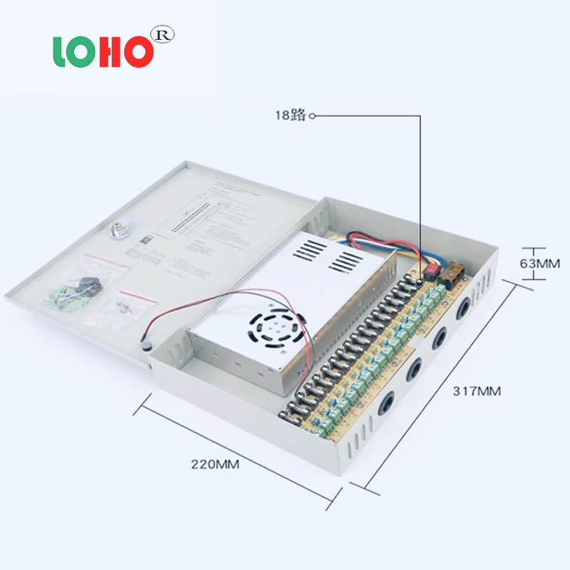 LOHODIZI 18 Channel/Port 30 AMPS, 15A 9CH,5A 9CH,12V DC Power Supply Box, Individually Fused for CCTV, LED, and All 12V DC Devices (18 Port-12V30A, AC200~245V, CCTV Power Supply Box)