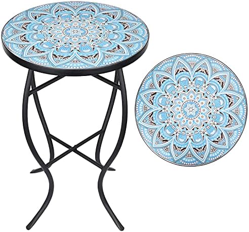 Vipush Mosaic Outdoor Side Table, 14" Round Folding End Table, Patio Accent Table Indoor Plant Stand for Living Room,Geramic Table Top Black Iron,Light Blue