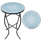 Vipush Mosaic Outdoor Side Table, 14" Round Folding End Table, Patio Accent Table Indoor Plant Stand