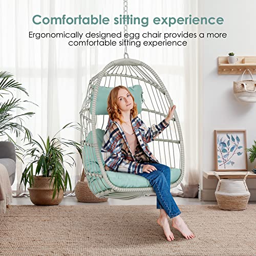 Hanging Egg Chair Without Stand - Foldable Indoor Outdoor Wicker Rattan Swing Egg Chair With Hanging Chain Hammock Chair - Uv Resistant Cushions & Aluminum Frame For Bedroom Patio Camping (Light Blue) #TOP3