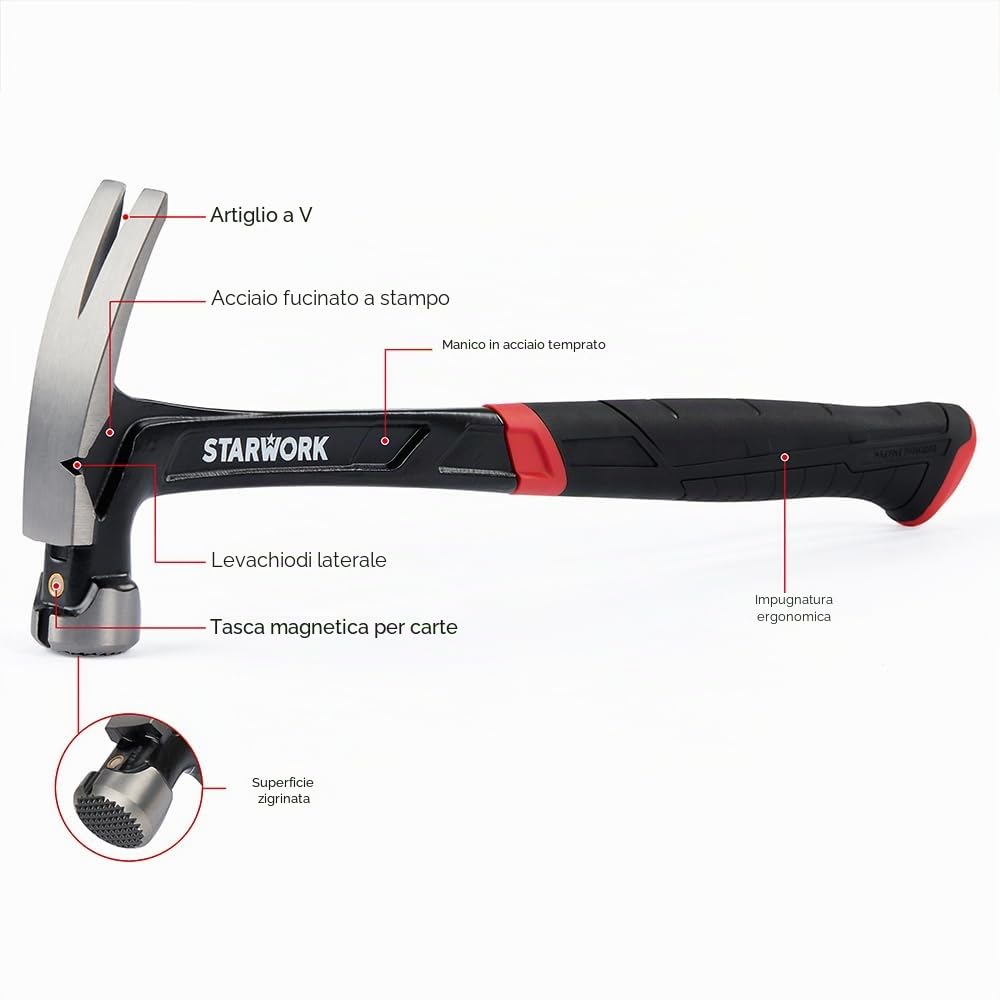 STARWORK TRUE MECHANIC™ - Martello a granchio da 625 g con supporto magnetico per chiodi e testa zigrinata, martello per incorniciature, martello da carpentiere, martello forgiato resistente in un