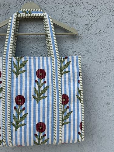 Image of Quilted Cotton Hand printed Reversible Large multicolor cotton Tote Bag,Indian Handmade Block Printed Tote Bag Women Handbag