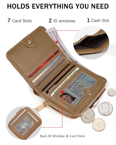 Image of Small Bifold Wallet Women Slim Card Holder with Zipper Coin Pocket & 2 ID Windows,Compact Gift Wallet (Khaki)
