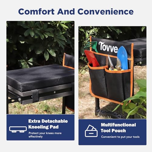 Image of Tovve Foldable Garden Kneeler and Seat, Heavy Duty Garden Stool with 10 inch Wide Detachable Kneeling Pad, Portable Garden Bench Chair with Large Garden Tool Bag, Gardening Gifts for Women, Seniors, Mom