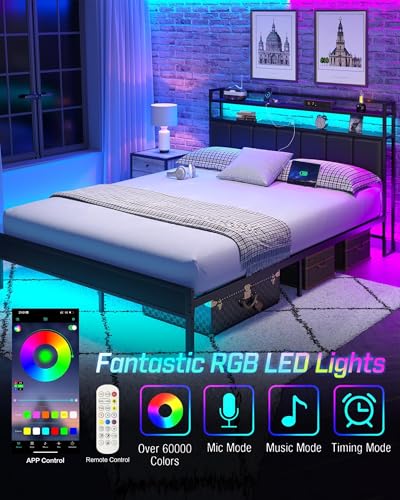Image of Full Size Bed Frame with Upholstered Headboard and 2-Tier Storage Shelves | Metal / Charging Station / LED Lights / Noise Free / No Box Spring Needed / Black