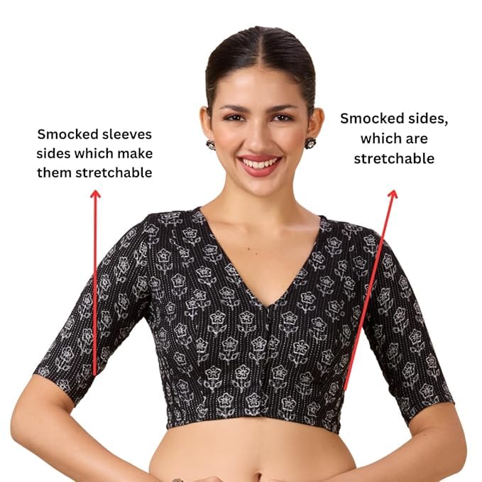 Image of Studio Shringaar Women Cotton Half Sleeve Block Printed Saree Blouse with Stretchable Sides